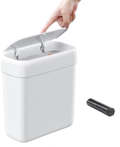 funest Bathroom Small Trash Can with Lid, 13 Liter/3.4 Gallon Slim Garbage Bin with Press Top Lid, White Wastebasket for Bedroom, Office, Kitchen, RV