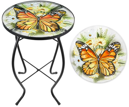 VCUTEKA Patio Side Table Outdoor Accent Table Small Mosaic Table Coffee Table End Table Porch Table Indoor Outdoor Round Glass Balcony Bistro Plant Stands Yellow Butterfly 14 inches
