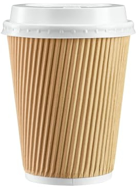 GRADISCO - 50 gobelets en carton ondulé kraft double paroi de 360 ml / 12 oz avec couvercle en PS Recyclable Revêtement PE pour boissons chaudes, cappuccino, thé, chocolat - Verres + Bouchons