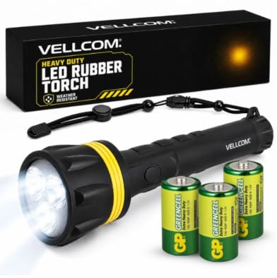 RT5150 Heavy Duty LED Rubber Torch Weather Resistant Powered by 3 x D Type All Batteries Included Vellcom [Energy Class A+]