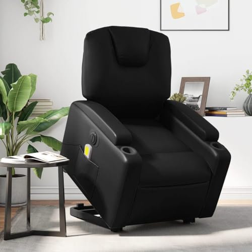 Gecheer Massagesessel mit Aufstehhilfe, praktische Getränkehalter und Seitentasche, dick gepolsterte Sitzfläche, Rückenlehne, breite Armlehnen, Kunstleder, für Wohnzimmer oder Büro