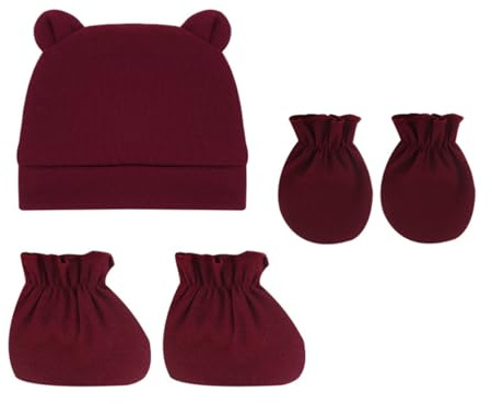 AMateschitz babymössa, handskar set nyfödda Musse mössor beanie unisex baby bekväm hatt vantar och skoset för spädbarn pojkar flickor 0–6 månader, vinröd, one size