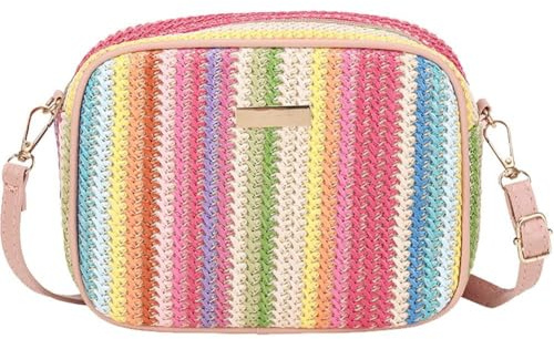 Glixoft Straw Crossbody Bag Colorful Shoulder Bag Hand Woven Summer Beach Purse for Women Girls Beach Travel