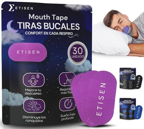 ETISEN, Pack de 30 Tiras bucales para dormir, Mouth tape, Antironquidos, Cinta Bucal para Dormir, Boca Cerrada, Bucal hipoalergénica, Adhesivo suave, Favorece la Respiración Nasal, Deportivas