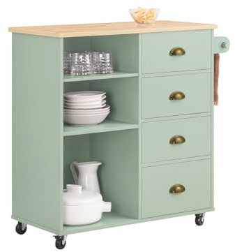 SoBuy Köksvagn med 3 fack och 4 lådor köksö, serveringsvagn, sidovagn, rullvagn, grön, BHT ca 90 x 88 x 40 cm FKW127-GR