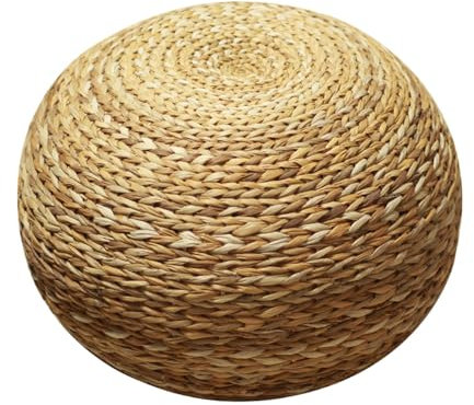 BEQLXTA 12 großer runder Ottoman aus natürlichem Rattan, beige, geflochtene Reihen, runder Pouf-Hocker, moderner geflochtener Kreis-Fußhocker für den Sitzbereich