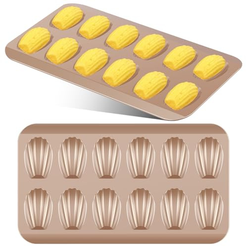 2 Pack Madeleine Pans for Baking, Shell Baking Mold 12 Cavity Carbon Steel Cookie Cake Pan Nonstick Shell Shape Baking Pan for Home Kitchen Bakery Restaurant (Champagne Gold)