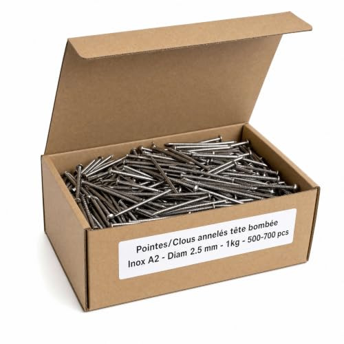 Pointes/Clous annelés tête bombée Inox A2 - Diam 2.5 mm - 1kg (environ 500-700 pcs) - Longueur 60 mm