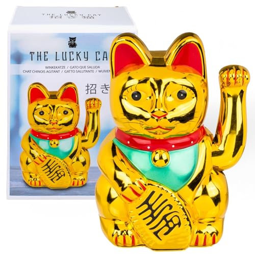 MIJOMA Winkekatze Maneki Neko Gold – 20 cm Glückskatze aus Kunststoff mit beweglicher Pfote, asiatischer Deko Glücksbringer für Geld, Erfolg & Wohlstand – batteriebetrieben