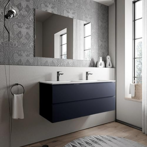 BERNSTEIN - Doppelwaschbecken zum Aufhängen, für Badezimmer, MDF, dunkelblau, matt, 2 Waschbecken aus Mineralguss, matt, mit Löchern für Wasserhähne – 120 x 46 x 50 cm – AVA Cream