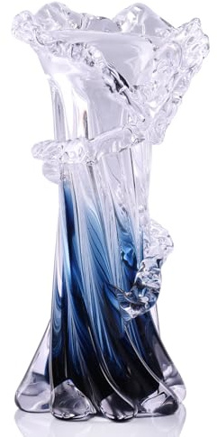 LINYTHER Blau-weiße klare Wellenvase mit Farbverlauf, mundgeblasene Murano-Glasvase, einzigartige Kunst, dekorativ, für Ozean-Thema, Küste, Zuhause, Mittelstück, modernes Büro, Eingangsbereich