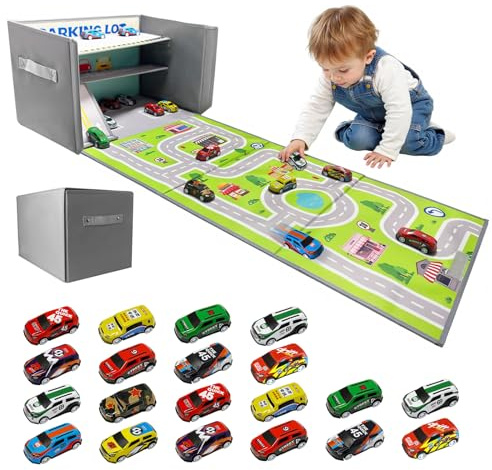 Boîte de Rangement de Voiture avec Tapis de Jeu: Garage à Voitures Pliable 3 en 1 pour Enfants - Organisateur de Voiture et Tapis de Jeu - Organisateur de Jouets pour Garçons et Filles (Gray)