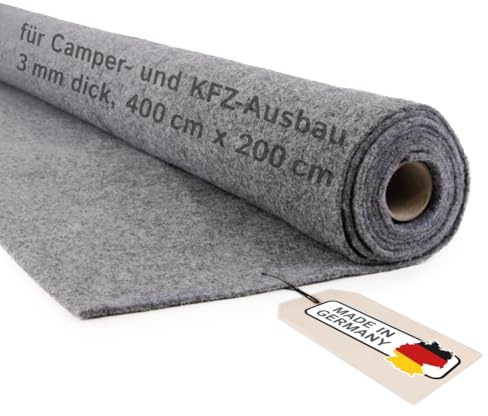 Camper Filz Meterware ohne Kleber, flexibler Nadelfilz für Camper Ausbau & Auto Innenverkleidung, 3 mm dick – Made in Germany, grau, 400 cm x 200 cm