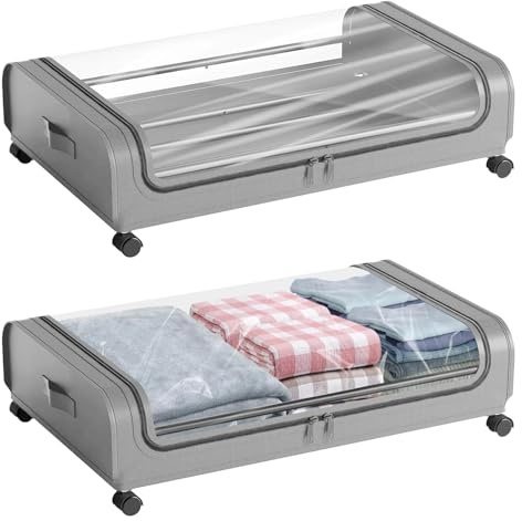 Crynvor 2 Pièces Boite Rangement Sous Lit, Housse de Rangement avec Roulettes, Sac de Rangement Sous Lit, Tiroir de Rangement En Métal pour Ranger Jouets, Vêtements, Chaussures Et Plus(Gris)