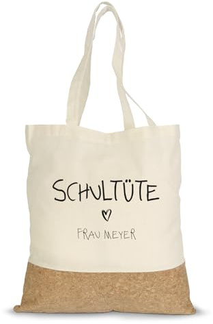GRAVURZEILE Bedruckte Einkaufstasche Kork - Schultüte - Personalisiert mit Name - Einkaufsbeutel aus Baumwolle & Korkbesatz - Lange Tragegriffe - Geschenk für Lehrer & Erzieher