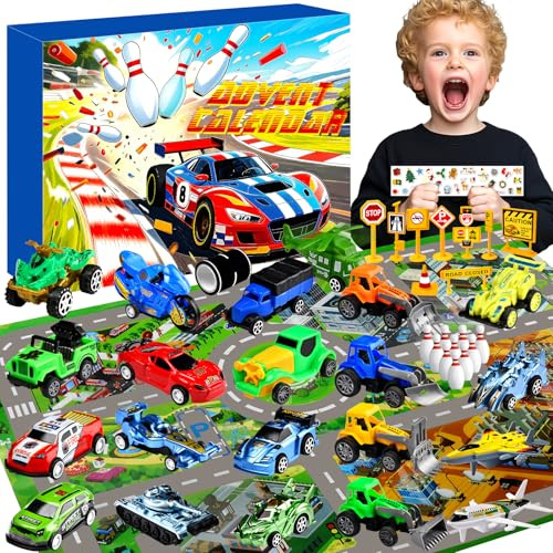 Car Advent Calendar 2025 for Boys, Christmas Countdown Calendar for Children with Pull-Back Car Trucks, 24 Days Christmas Countdown Set for Kids