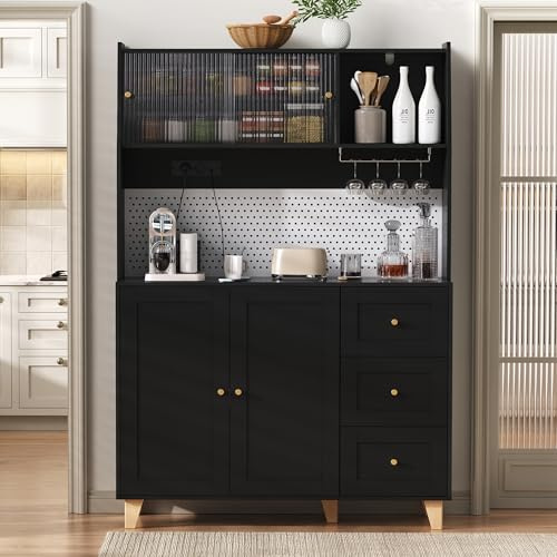 Kebnor Mobile alto con prese e piano perforato, armadio da bar con porta bicchieri da vino e vano portaoggetti, armadio da cucina con cassetti, ideale per cucina e sala da pranzo (nero)