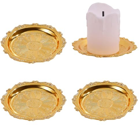 GLOBLELAND 4 Pcs 3 Vintage Round Metal Candle Holder Plate Gold Candle Holder Trays Iron Jewelry Plates Decorative Iron Plate for Pillar Scented Flameless Ball Candles
