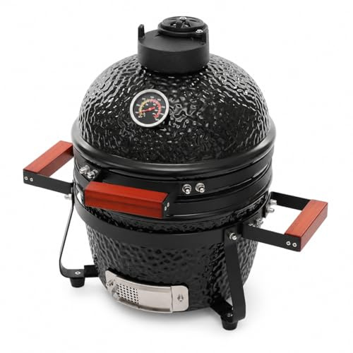 Kamado - Barbecue a carbonella da 33 cm, in ceramica, per terrazza, giardino, campeggio e picnic, colore nero, in ceramica, per grigliare, affumicare e cuocere