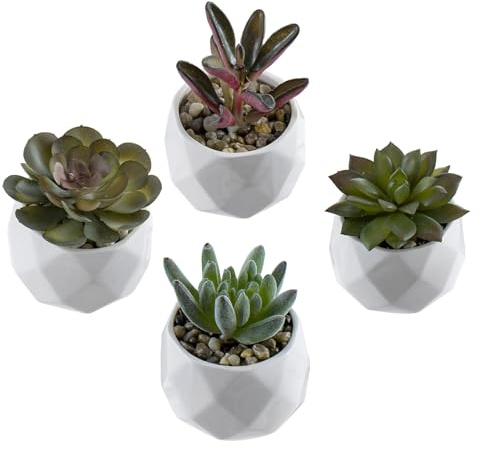 MyGift Miniature Artificial Succulents, Indoor Fake House Plants in Round White Geometric Ceramic Pots, Set of 4