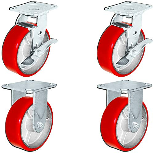 CasterHQ Set of 4 Heavy Duty Casters - 5 x 2 Heavy Duty Caster Set with Red Polyurethane on Steel Wheels, 1,100 pounds Capacity per Caster, 5 Size (Set of 4),Shop/Warehouse Toolbox Replacement