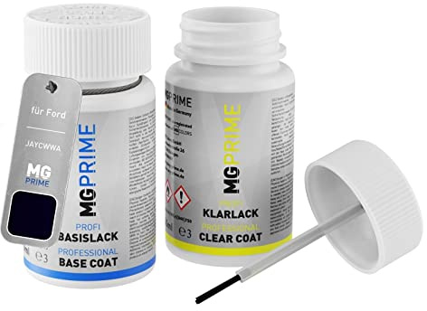 MG PRIME Lackstift für Ford JAYCWWA / PNJAB0 / F Panther Black Pearl +1K | Pantherschwarz Metallic, Autolack, Set aus Basislack + Klarlack, Lackfläschchen mit Pinsel, je 50ml