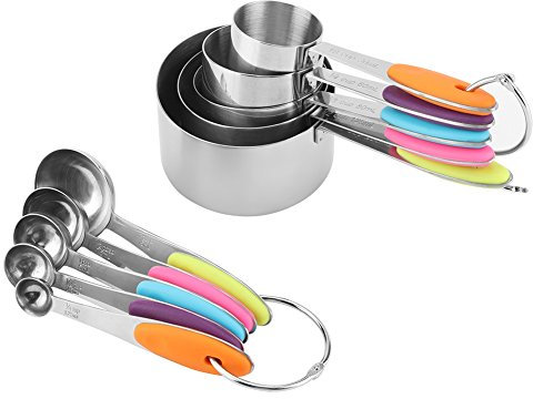 Lot de 10 Cuillères Doseuses Mesure Cuillères Tasses en Inox Kit de Cuillères Doseuses avec Poignée Antidérapante Ergonomique Outil de Cuisine Ustensile pour Les Céréales Epices Sucre Sel Huile Café