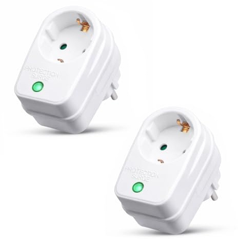 Adaptador de enchufe 2X con protección de sobretensión | 230 V | protección contra rayos enchufe adaptador de protección de red | 3500 W | con cierre de seguridad para niños | 2 piezas