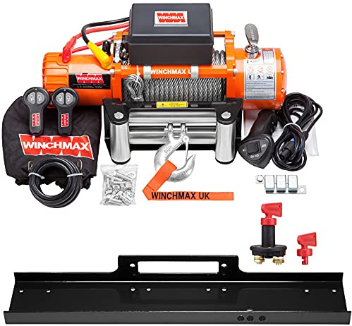 WINCHMAX 13500lb / 6123kg Original orange 12v elektrische Winde. 26 m 9,5 mm verzinktes Stahldrahtseil. 3/8 Zoll Gabelkopfhaken, Flachbett-Montageplatte und Batterietrenner