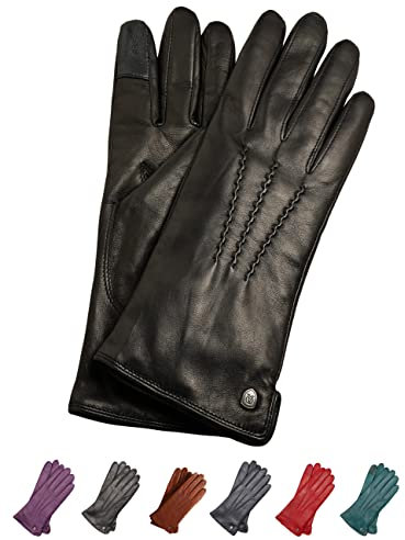 AKAROA ESTD 2019 Lederhandschuhe Damen ANN, Touchscreen Funktion, italienisches Leder, recyceltes Strickfutter aus 50% Kaschmir und 50% Wolle, 4 Größen S - XL, schwarz, S - 7