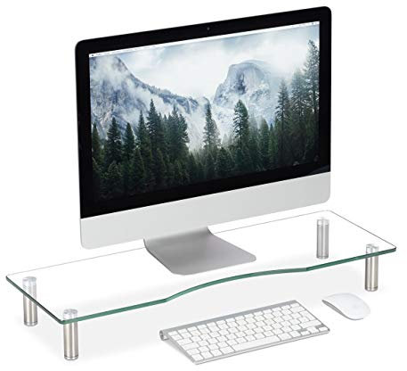 relaxdays Soporte Monitor, Elevador Pantalla Ordenador, Ajustable, Portátil, Cristal, 1 Ud, Transparente, Grande