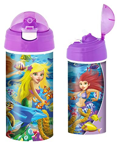 3D LiveLife Drinking Bottle - Mermaid Magic from Deluxebase. 3D Lenticular 600ml BPA Free Reusable Purple Water Bottle with Straw & Flip Top Lid. Leak Proof Fantasy Drinks Bottles with Mermaid Design.