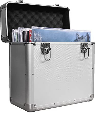 Maison & White Vinyl Record Storage Case – Aluminium DJ Box Holds 50 LPs – Secure Locking Chest for 12” LPs, Albums & Singles – Heavy Duty Collector Case with Handle – Silver Audio Storage – M&W