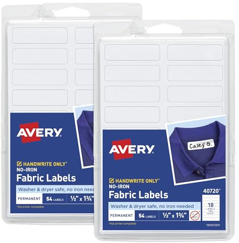 Avery No-Iron Fabric Labels, 1/2 x 1-3/4, Washer and Dryer-Safe, White, Non-Printable, 54 Labels Per Pack, 108 Total (2-Pack of 40720)