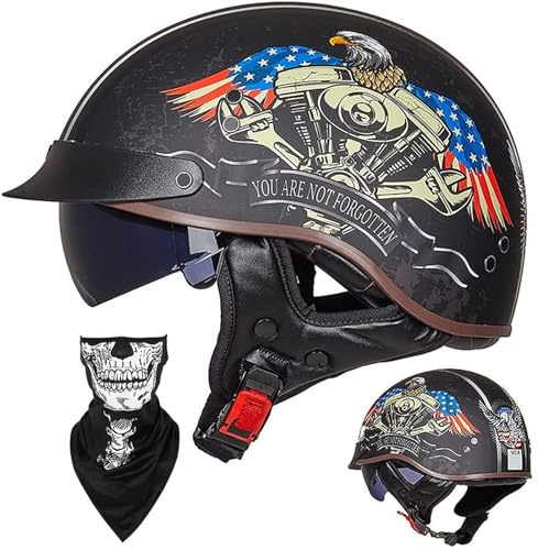 EBAYIN Casque Moto Demi Casque Bol Brain - Cap RéTro Harley Jet Casque Certifié ECE Cruiser Chopper Scooter Pilote Casque Lunettes IntéGréEs Unisexe Casque à DéGagement Rapide,C-M=（57~58cm）