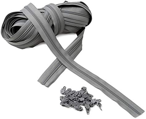 IPEA Dragkedja i full storlek 5# kontinuerlig kedja – 10 meter – nylon dragkedja + 25 skjutreglage ingår – dragkedja – kan skäras till sömnad, 3 färger att välja mellan, grå, bredd 30 mm