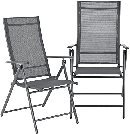 [en.casa] Lot de 2 Chaises de Jardin Fauteuil d'Extérieur Solide Design avec Accoudoirs et Dossier Inclinable Ensemble Résistant aux Intempéries Pliable Balcon Terasse Acier Polyester Gris Foncé