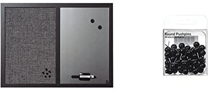 Bi-Office Kombitafel Black Shadow, Pinnwand und Whiteboard, Hellgrau Textiloberfläche und Silber Magnetisch, MDF Rahmen 22 mm dicker, 60 x 45 cm & PI1229 Runde Pinnnadeln, Metall/Kunststoff, schwarz