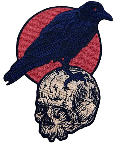 ZEGIN Aufnäher, Motiv: Rabe auf dem Totenkopf, bestickt, zum Aufbügeln oder Aufnähen, 1 Stück, Schädel, Embroidered Patch, Patch, Aufnäher