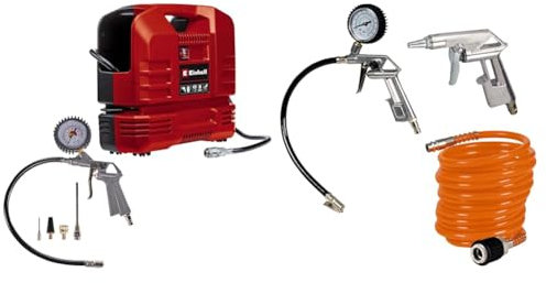 Einhell Compresseur à air portatif TC-AC 190 OF Set & Kit d'accessoires pour compresseur - 1 pistolet de soufflage, 1 manomètre de gonflage, 1 tuyau de 5m