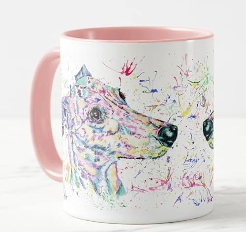 Vixar Greyhound Racing Dog Pet Watercolour Rainbow Art Coloured Mug Cup Gift Birthday Easter Work Office Christmas Tea Coffee (Pink)