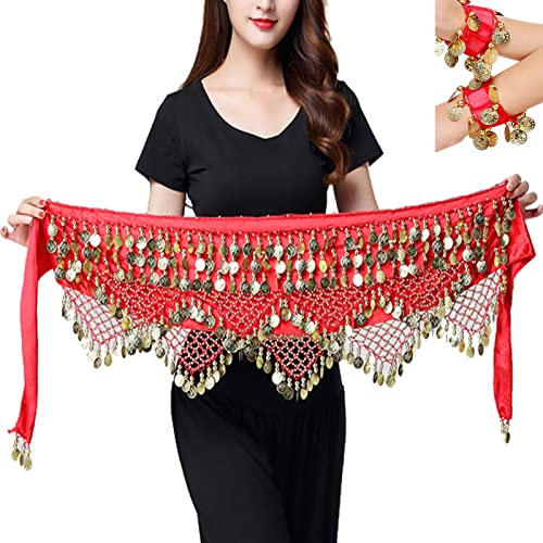 AWOCAN Bauchtanz-Hüftschals für Damen, Chiffon, baumelnd, Bauchtanz, Hüftschal, Wickelrock, Bauchtanz, Taillengürtel mit Münzquaste, 3 Stück