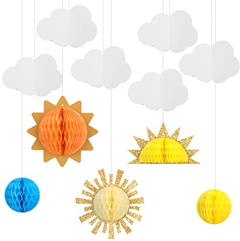 Sun and Clouds Tissue Balls Sun Party Decorations Pom Pom Hanging Party Pieces 3D Clouds for Ceiling Paper Honeycomb Balls Ornaments Classroom Decor Props for Birthday Baby Shower