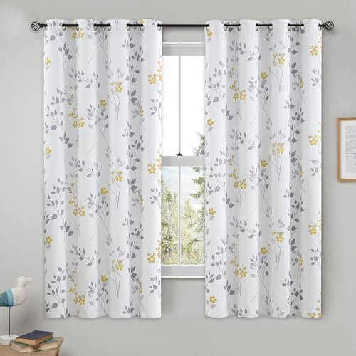 Beauoop Yellow Grey Floral Blackout Curtains for Bedroom Living Room 54 Inch Drop Leaf Print White Eyelet Curtain Botanical Thermal Insulated Noise Reducing Window Curtain Drapes 2 Panels