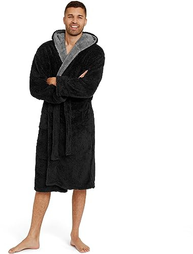 Snuggaroo Mens Soft Fleece Hooded Dressing Gown - Black/Grey - XL