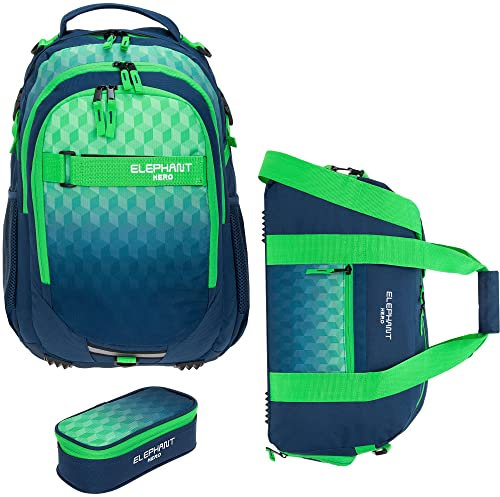 Elephant 3 Teile Set Schulrucksack Jungen Mädchen Signature Hero 2 Schultasche Laptopfach Rucksack + Sporttasche + Mäppchen Box (Blue Cube 12810 (Blau Grün))