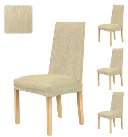GFD Textiles - Pack de 4 Fundas para Sillas de Comedor en Elegante Color Beige | Protector de Asiento Ajustable y Antimanchas | Lavable y Extraíble, Ideal para Salón, Cocina y Eventos