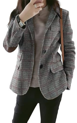 ebossy Womens Vintage Nothced Lapel Single Breasted Boyfriend Blazer Suits Houndstooth Plaid Jacket Coat with Patched Elbow, Grey, S