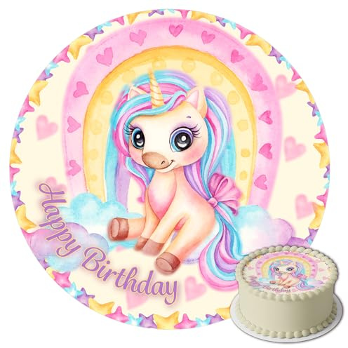 J&M DECO Tortenaufleger Einhorn – essbare Kuchendeko Ø 20 cm – Tortenbild für Mädchengeburtstag mit Regenbogen-Motiv – Tortendekoration aus Zuckerpapier – gebrauchsfertig