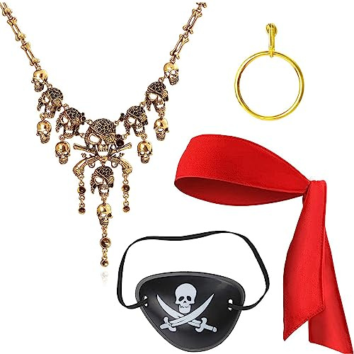 HIFOT 4 Stück Piratenkostüm Damen,Piraten Kostüm Zubehör Augenklappe Pirat Kopftuch Halskette Ohrringe Piraten Kostüm Erwachsene für Karneval Verkleidung Cosplay Halloween